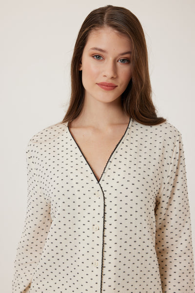 Yakasız müslin Lara Pijama Takım - Siyah puantiye