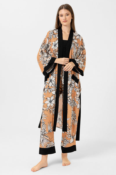 Açık kahve, çiçek desenli Elissa Kimono