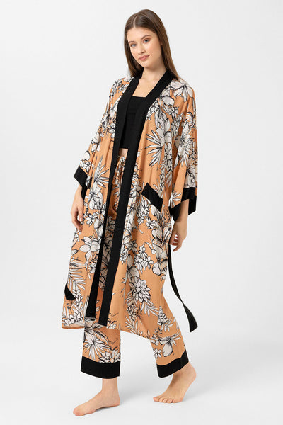 Açık kahve, çiçek desenli Elissa Kimono