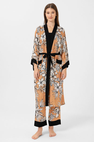 Açık kahve, çiçek desenli Elissa Kimono