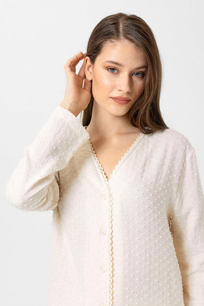 Yakasız müslin Lara Pijama Takım - krem