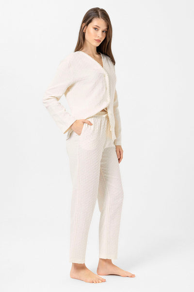Yakasız müslin Lara Pijama Takım - krem