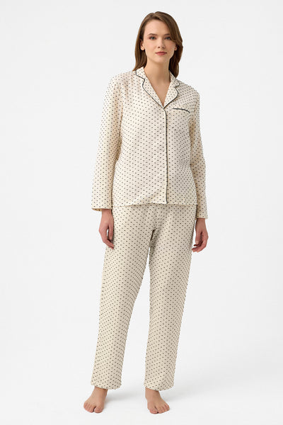 Yakalı müslin Lara Pijama Takım - Siyah puantiye