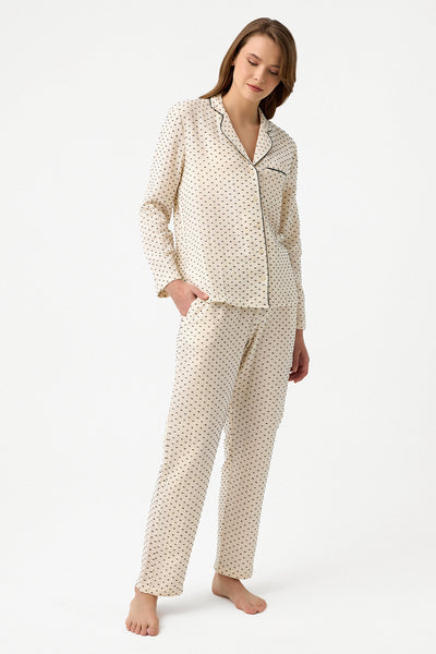Yakalı müslin Lara Pijama Takım - Siyah puantiye
