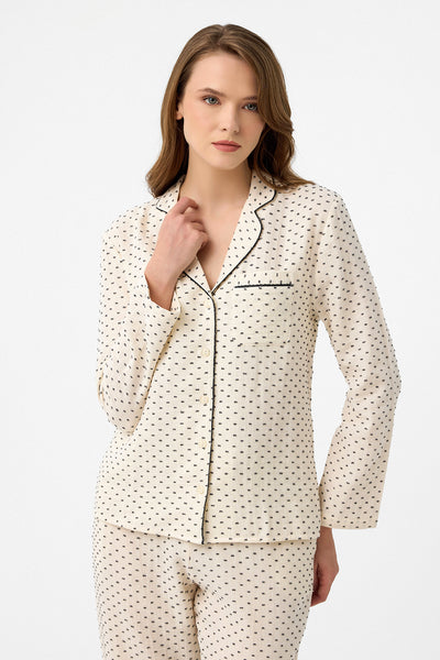 Yakalı müslin Lara Pijama Takım - Siyah puantiye