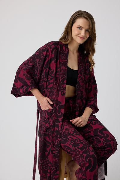 Bordo siyah desenli Elissa Kimono