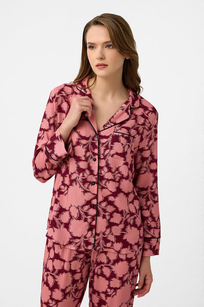Bordo çiçek desenli Hera Pijama Takım