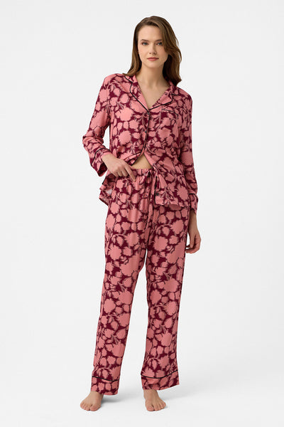 Bordo çiçek desenli Hera Pijama Takım