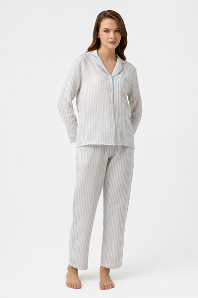 Mavi çizgili Lara müslin pijama takım