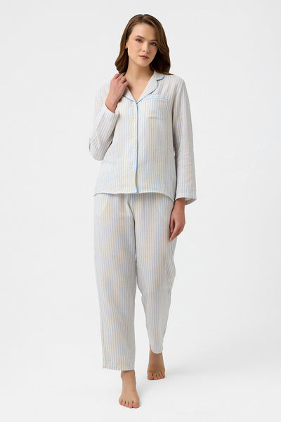 Mavi çizgili Lara müslin pijama takım