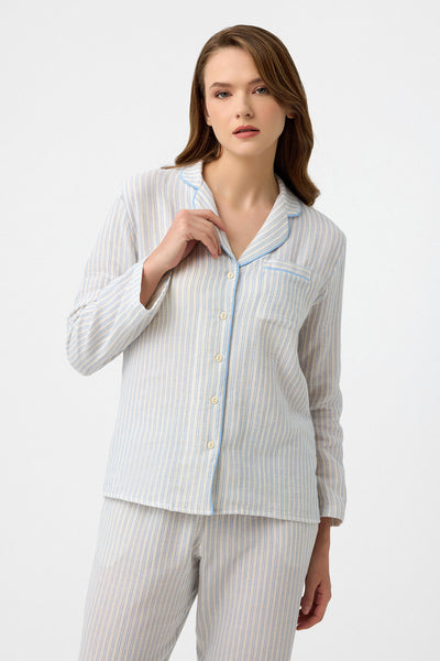 Mavi çizgili Lara müslin pijama takım