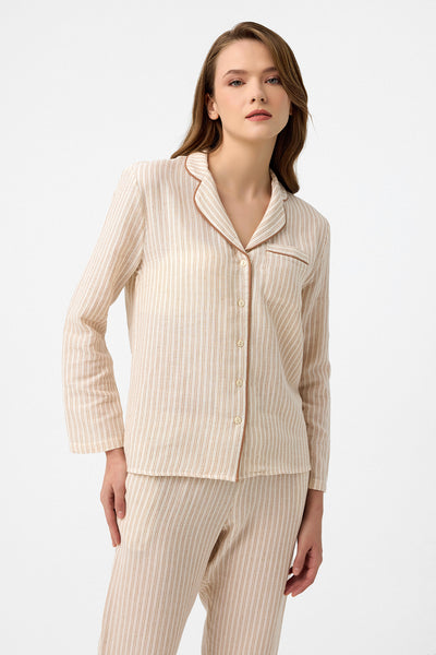 Bej çizgili Lara müslin pijama takım
