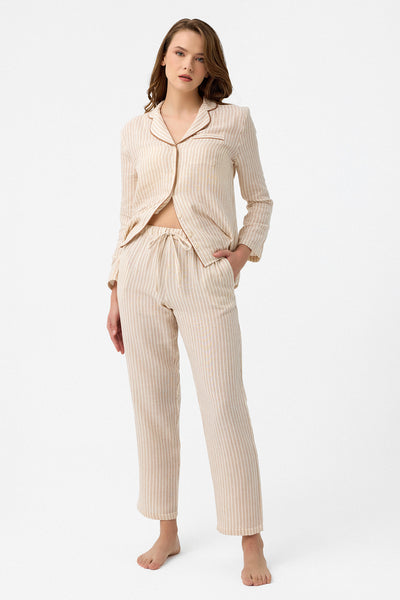 Bej çizgili Lara müslin pijama takım