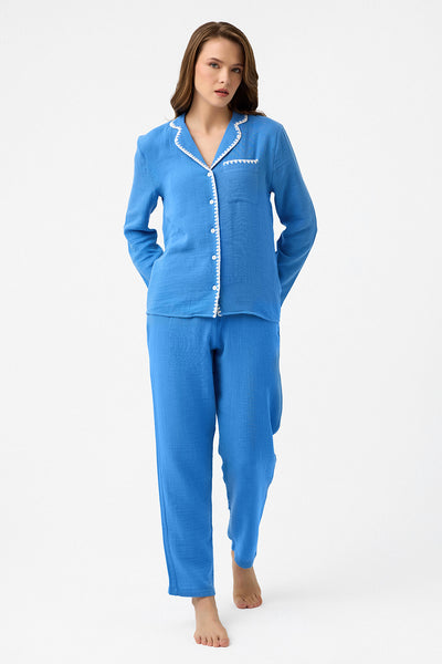 Nakışlı müslin Lara Pijama Takım - Mavi