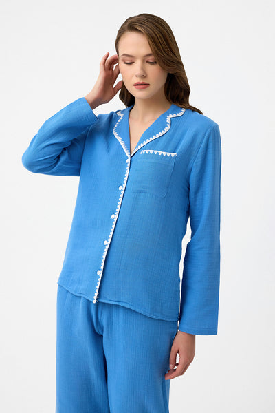 Nakışlı müslin Lara Pijama Takım - Mavi