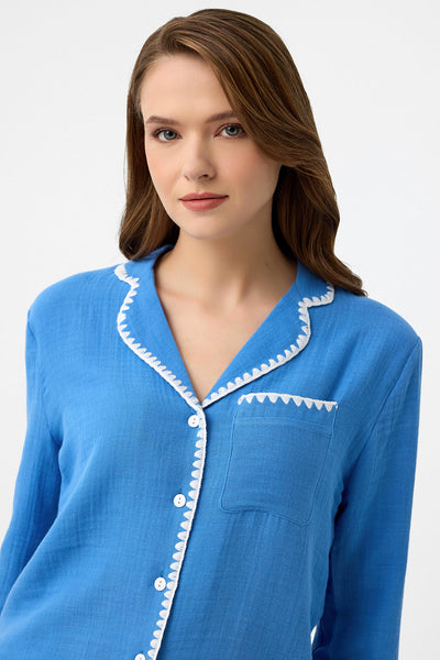 Nakışlı müslin Lara Pijama Takım - Mavi