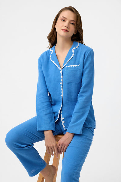 Nakışlı müslin Lara Pijama Takım - Mavi
