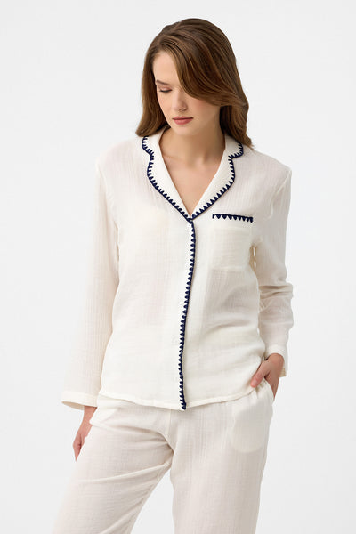 Nakışlı müslin Lara Pijama Takım - Beyaz
