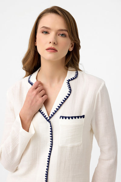 Nakışlı müslin Lara Pijama Takım - Beyaz