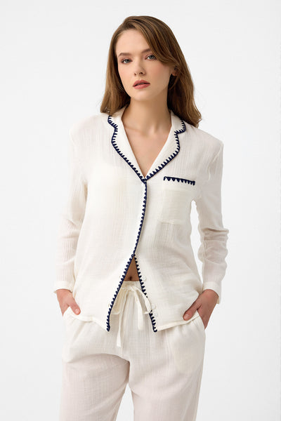 Nakışlı müslin Lara Pijama Takım - Beyaz