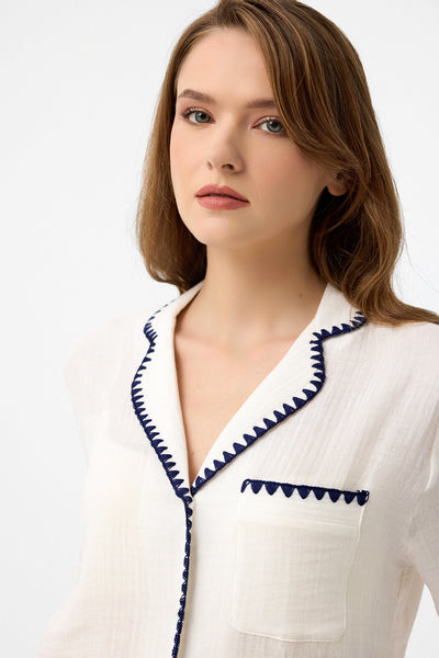 Nakışlı müslin Lara Pijama Takım - Beyaz