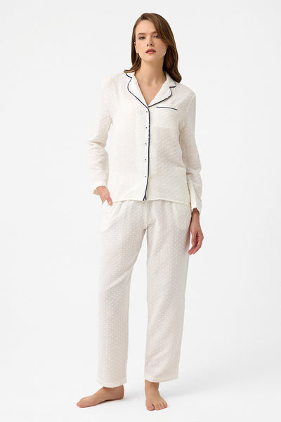 Lacivert biyeli Lara pijama takım - beyaz mini ponponlu