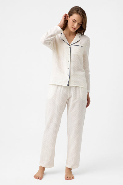 Lacivert biyeli Lara pijama takım - beyaz mini ponponlu