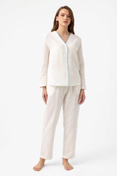 Yakasız müslin Lara Pijama Takım - Beyaz puantiye