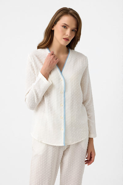 Yakasız müslin Lara Pijama Takım - Beyaz puantiye