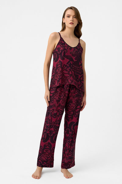 Bordo - siyah desen askılı Hera Pijama Takım