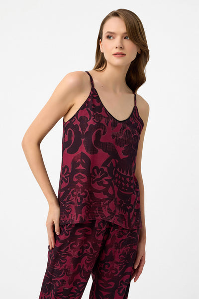 Bordo - siyah desen askılı Hera Pijama Takım