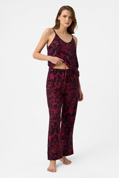 Bordo - siyah desen askılı Hera Pijama Takım
