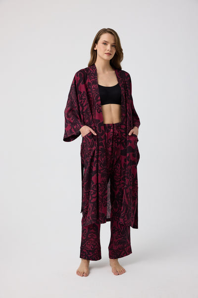 Bordo siyah desenli Elissa Kimono