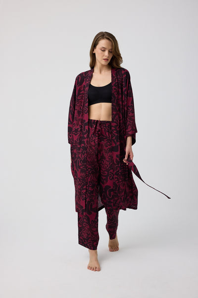 Bordo siyah desenli Elissa Kimono