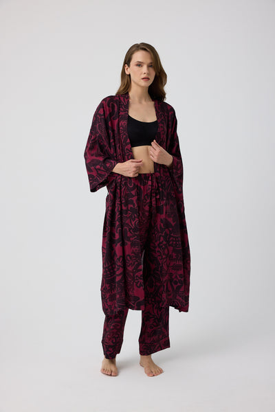 Bordo siyah desenli Elissa Kimono