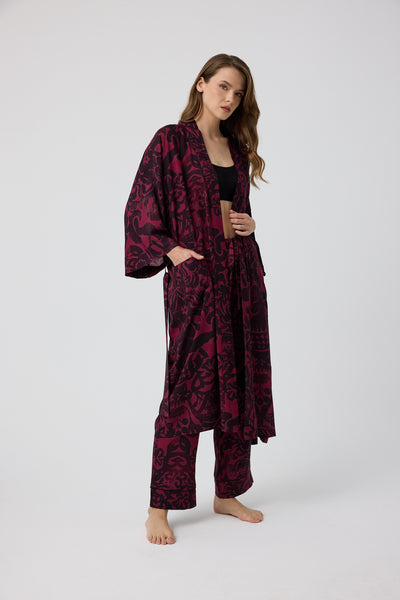 Bordo siyah desenli Elissa Kimono