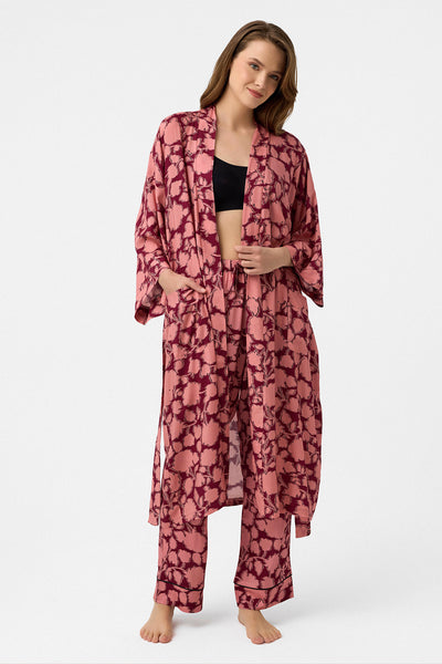 Bordo çiçek desenli desenli Elissa Kimono