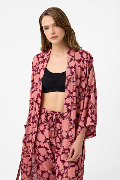 Bordo çiçek desenli desenli Elissa Kimono