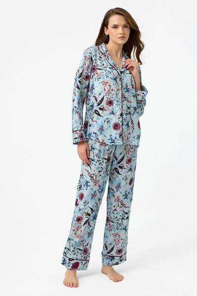 Mavi bordo çiçek desenli Hera Pijama Takım