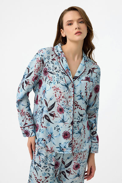 Mavi bordo çiçek desenli Hera Pijama Takım