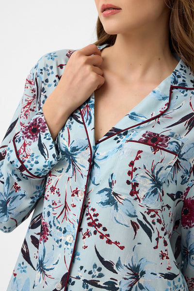 Mavi bordo çiçek desenli Hera Pijama Takım