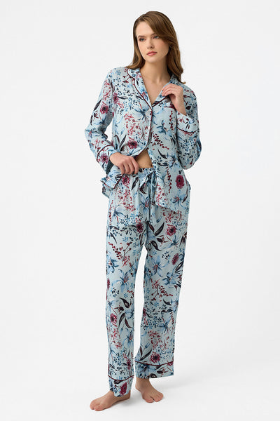 Mavi bordo çiçek desenli Hera Pijama Takım