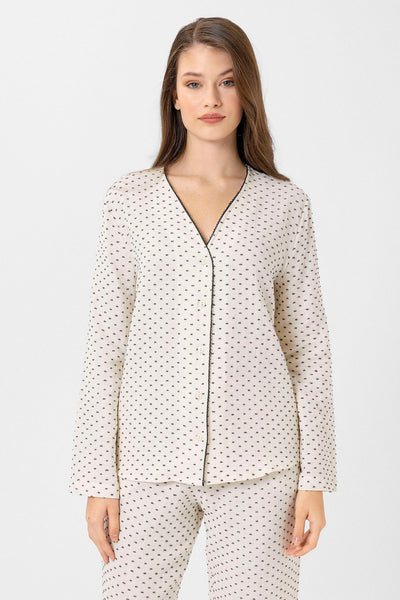 Yakasız müslin Lara Pijama Takım - Siyah puantiye