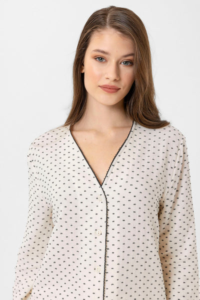 Yakasız müslin Lara Pijama Takım - Siyah puantiye