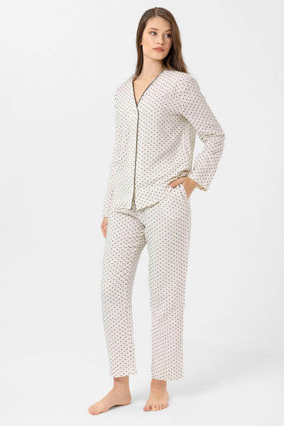 Yakasız müslin Lara Pijama Takım - Siyah puantiye