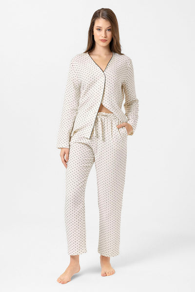 Yakasız müslin Lara Pijama Takım - Siyah puantiye