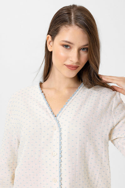 Yakasız müslin Lara Pijama Takım - Mavi