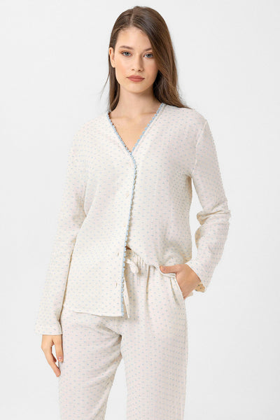 Yakasız müslin Lara Pijama Takım - Mavi