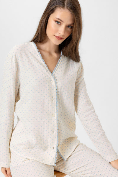 Yakasız müslin Lara Pijama Takım - Mavi