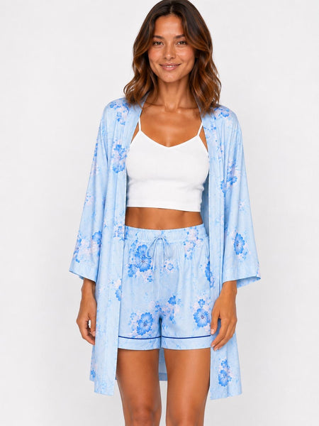 Mavi çiçek desenli Aria Kimono